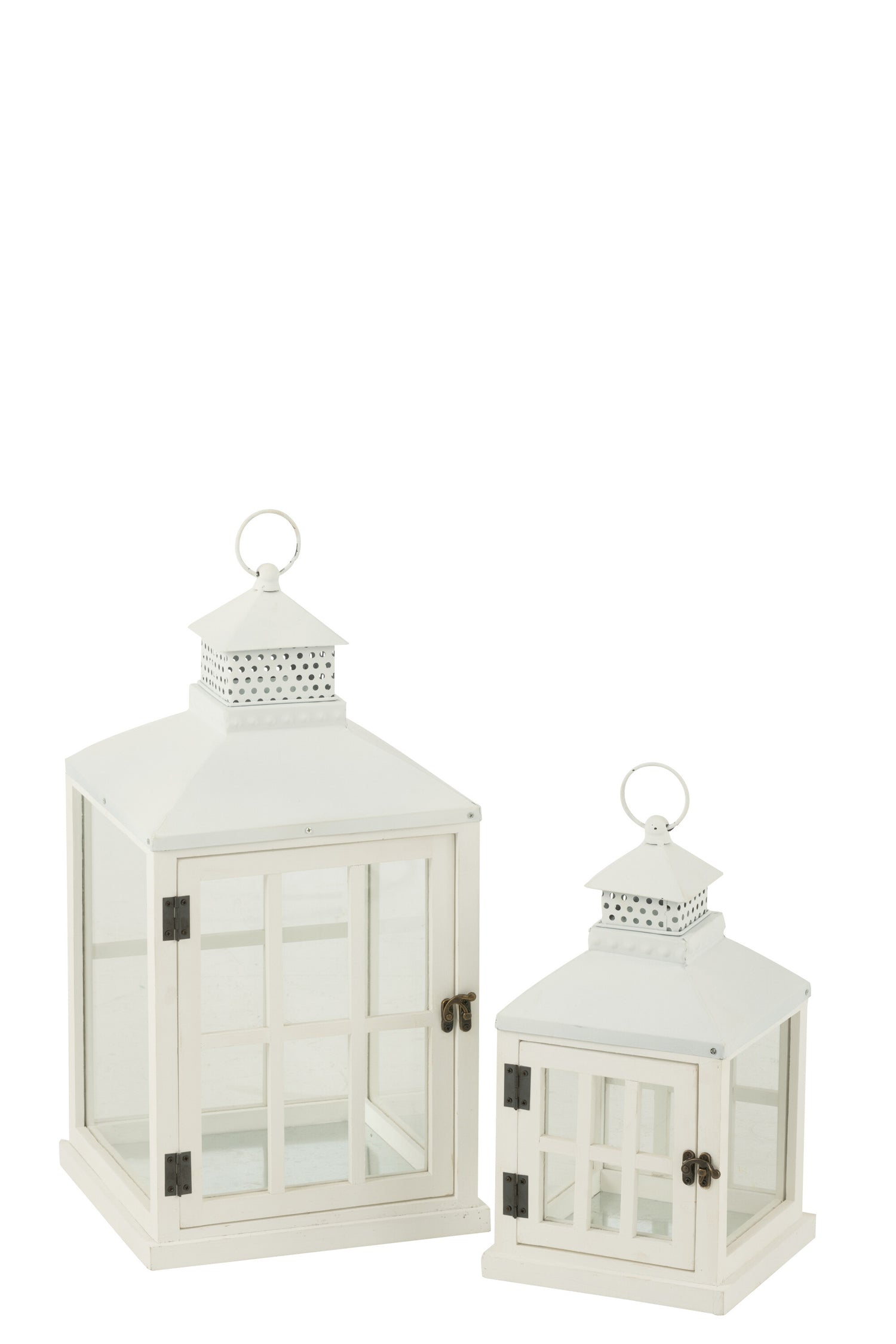 Set van 2 lantaarns huizen van dennenhout/metaal wit