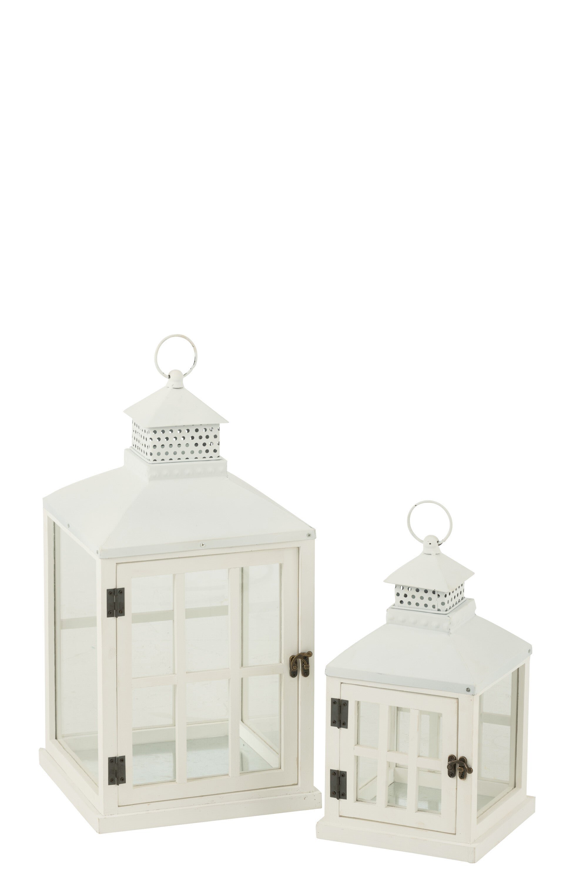 Set van 2 lantaarns huizen van dennenhout/metaal wit