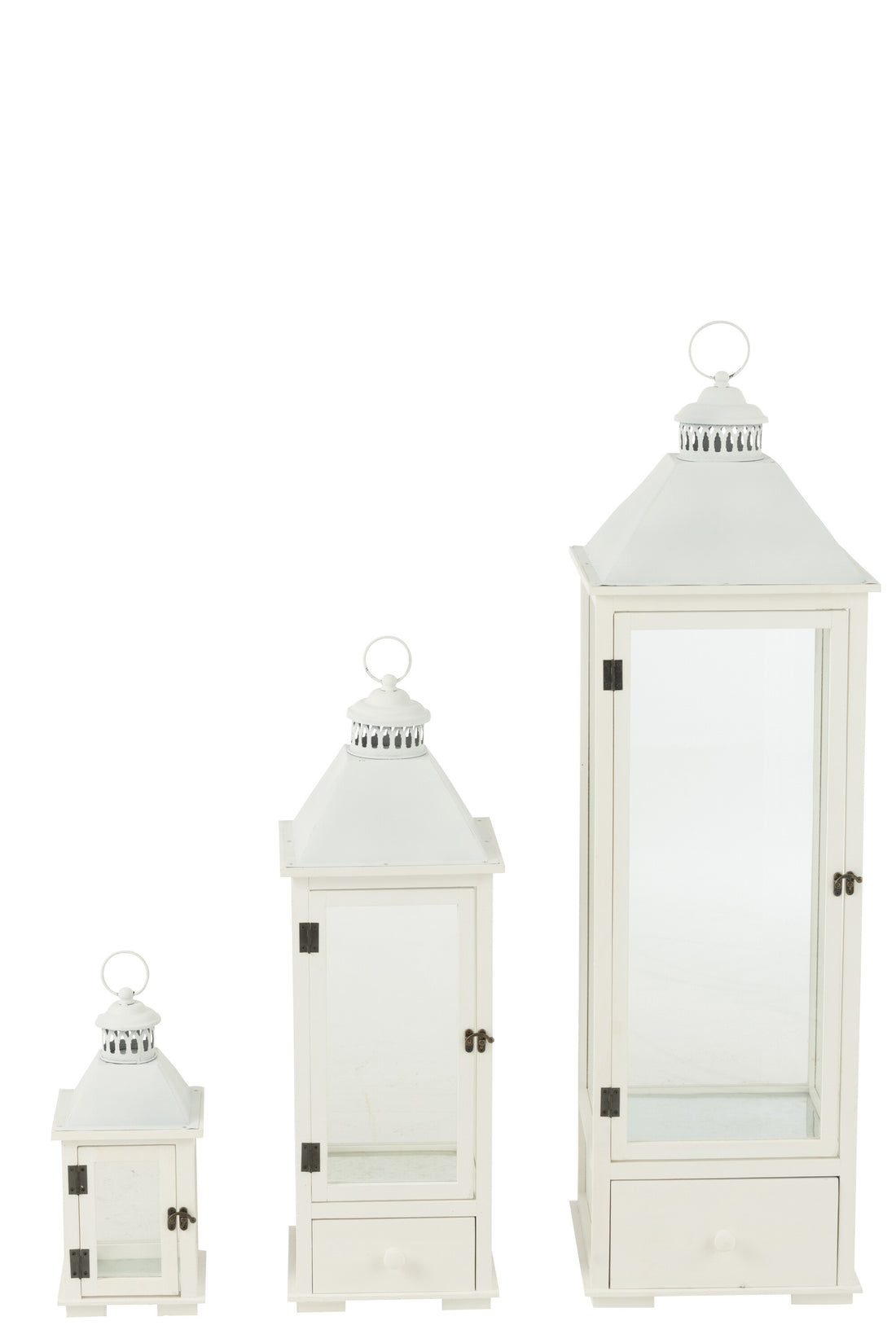 Set van 3 lantaarntorens van dennenhout/metaal wit