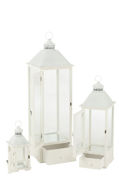 Set van 3 lantaarntorens van dennenhout/metaal wit