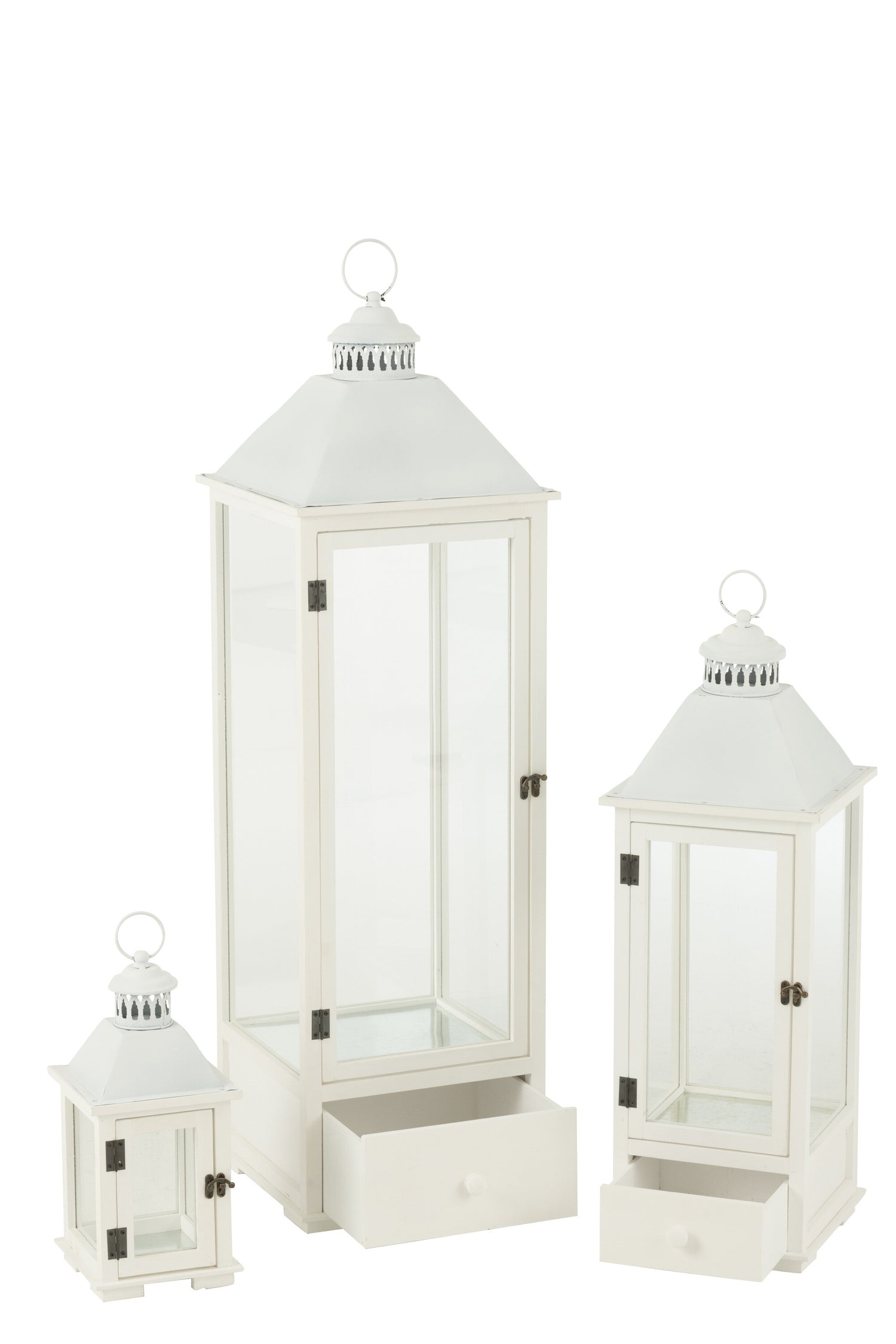 Set van 3 lantaarntorens van dennenhout/metaal wit