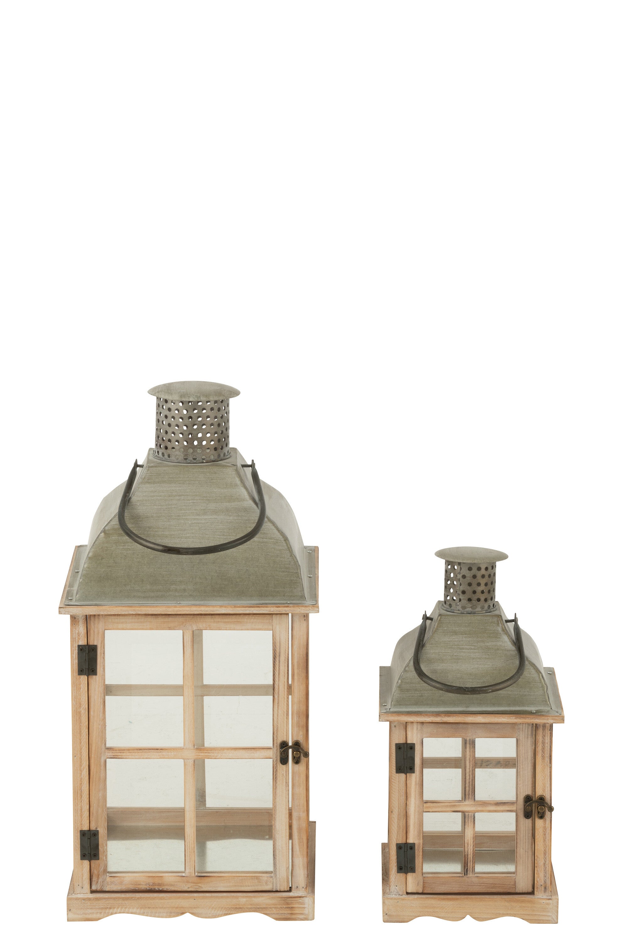 Set van 2 lantaarns huizen van dennenhout/metaal natuurlijk/grijs