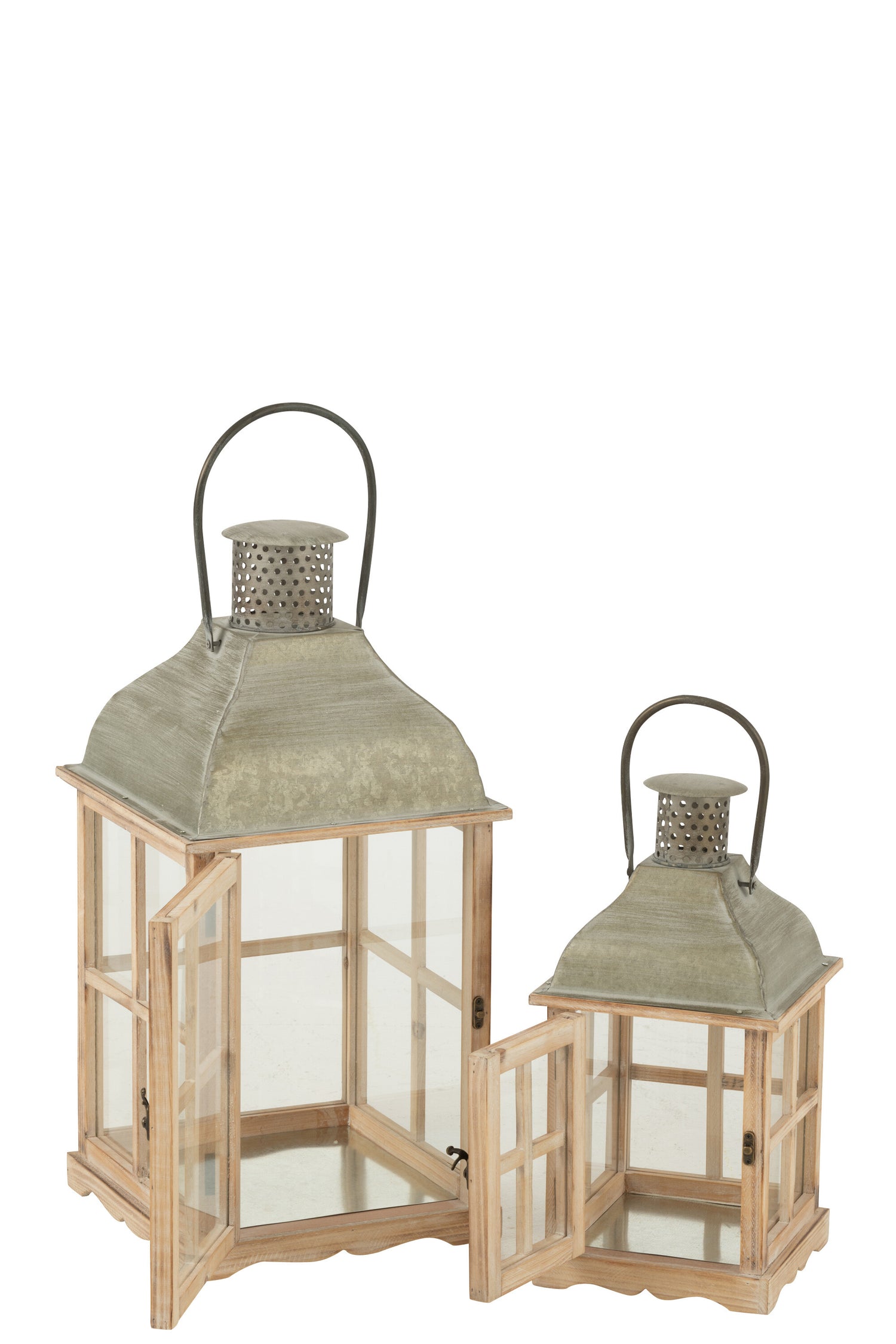 Set van 2 lantaarns huizen van dennenhout/metaal natuurlijk/grijs