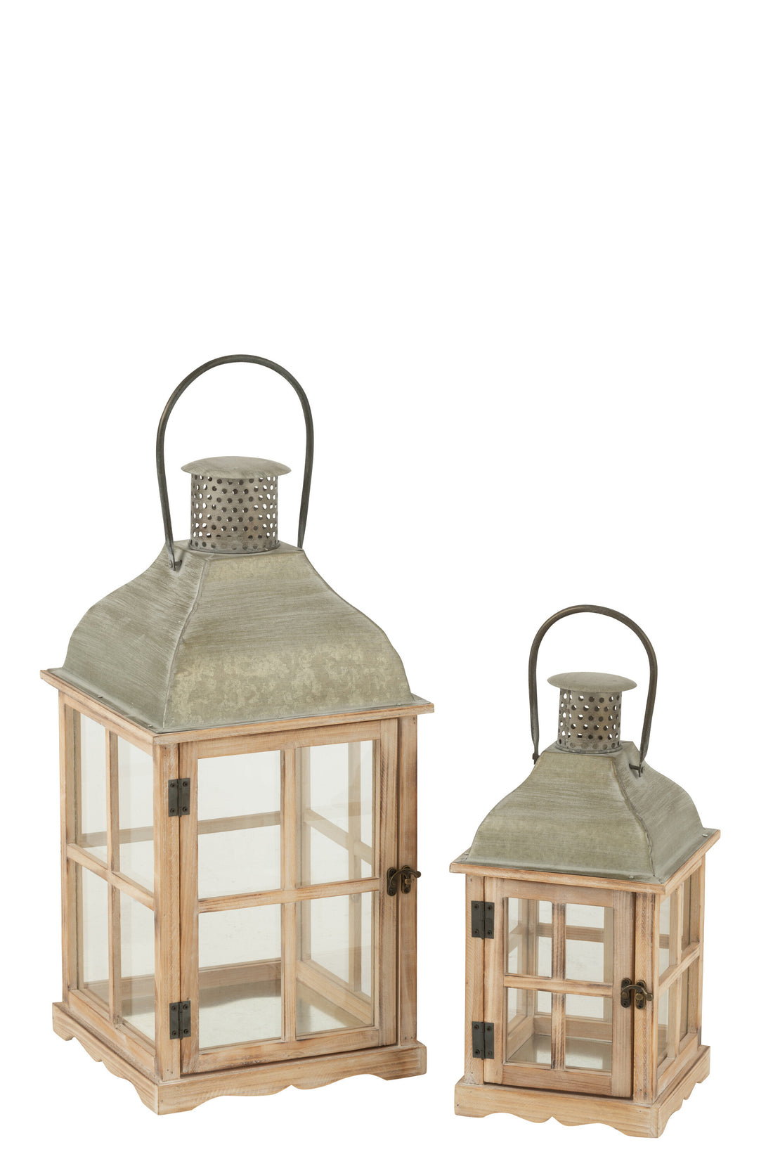 Set van 2 lantaarns huizen van dennenhout/metaal natuurlijk/grijs