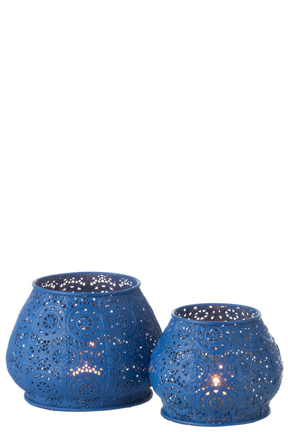 Theelichthouder Cilinder Metaal/Glas Blauw Groot