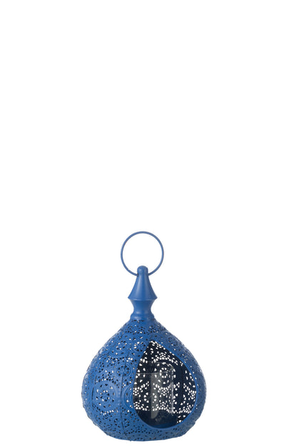 Theelichthouder Druppel Metaal/Glas Blauw Klein