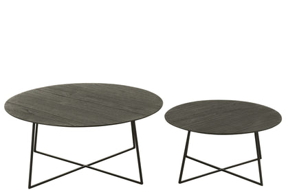 Set van 2 bijzettafels rond teakhout/metaal zwart