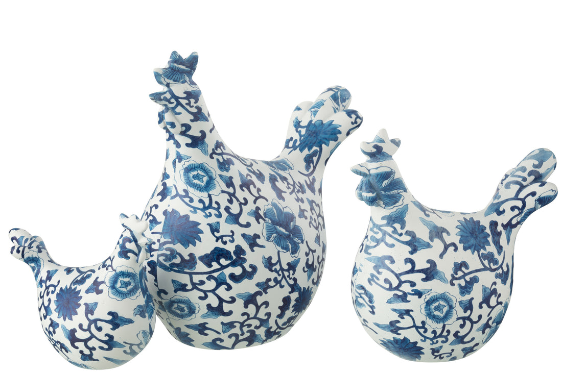 Set van 3 haanpatronen polyresin blauw/wit