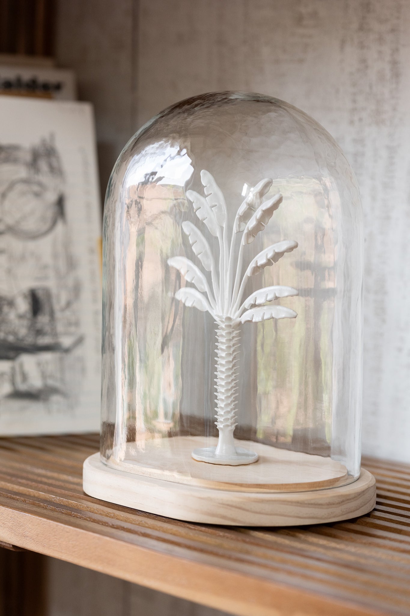 Bell Jar Palm Tree Glass/Metal White/Natural Large
