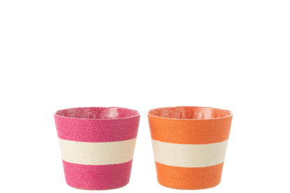 Bloempot Touwen Streep Papier/Huisdier Roze/Oranje Medium Assortiment Van 2