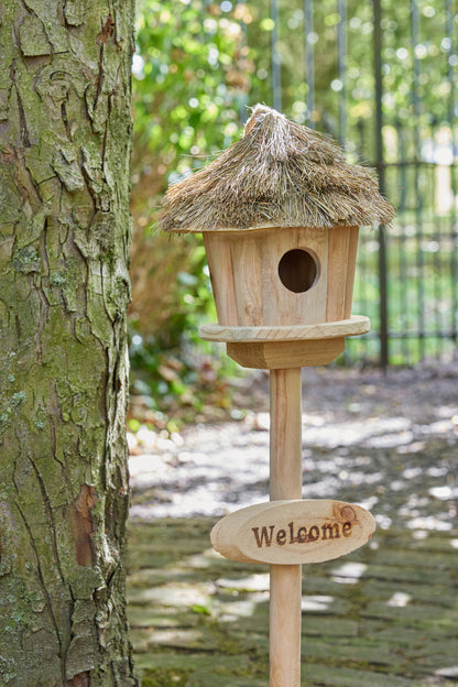 Vogelhuisje Op Stand Welkom Hout/Gedroogd Gras Natuurlijk