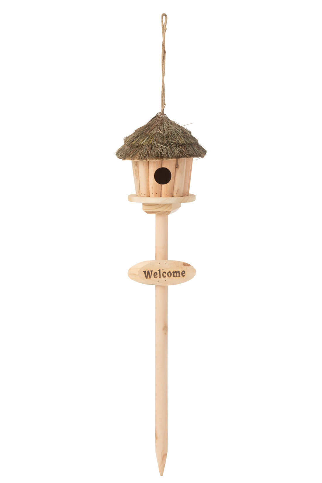 Vogelhuisje Op Stand Welkom Hout/Gedroogd Gras Natuurlijk
