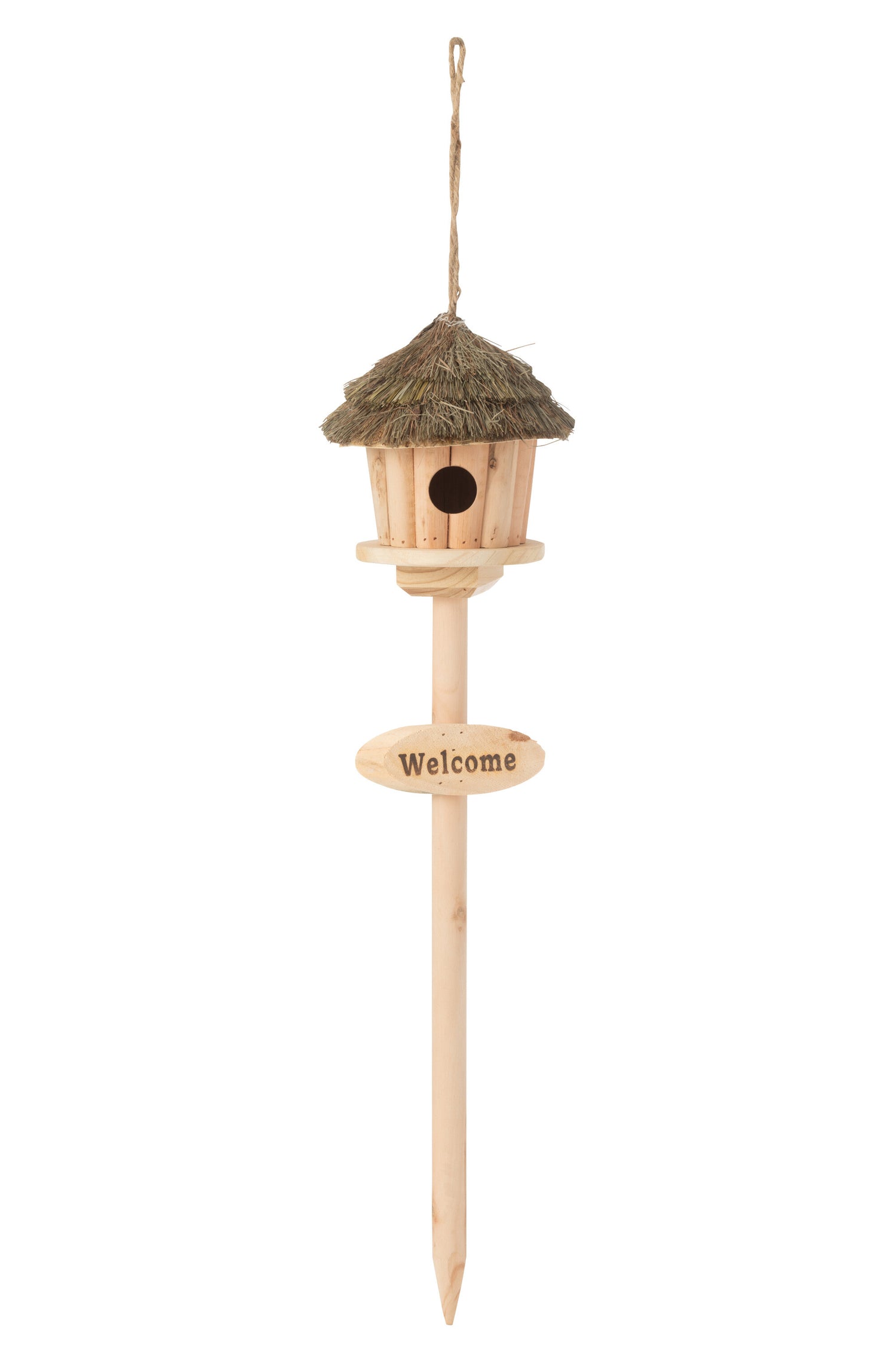 Vogelhuisje Op Stand Welkom Hout/Gedroogd Gras Natuurlijk