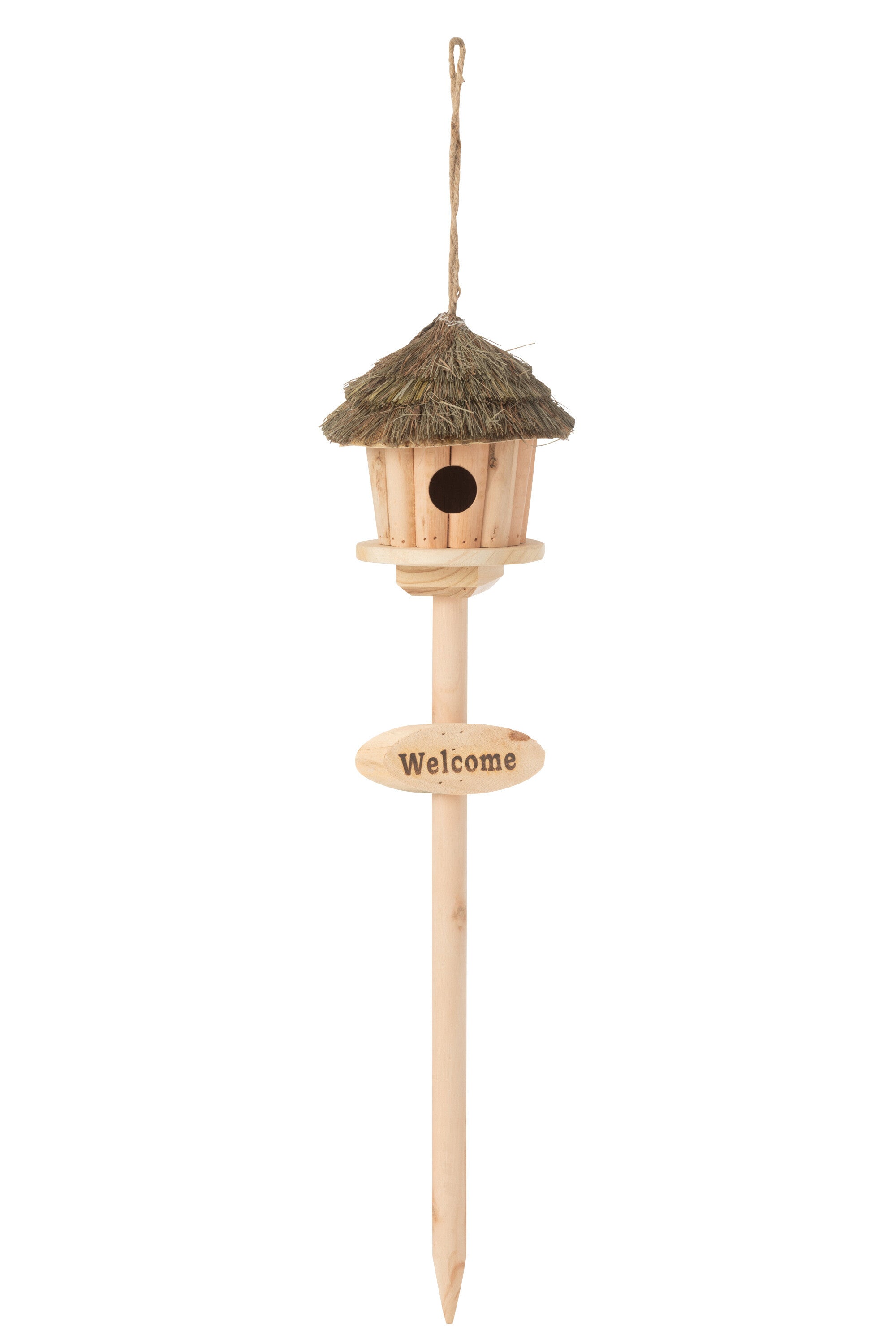 Vogelhuisje Op Stand Welkom Hout/Gedroogd Gras Natuurlijk