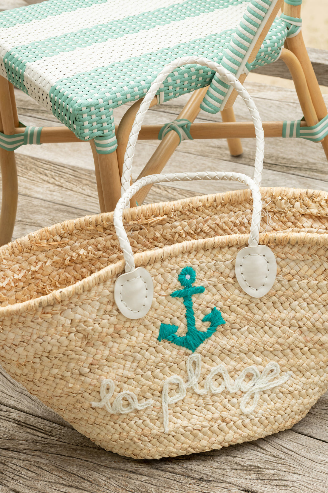 Strandtas La Plage Corn Husk Naturel/Wit/Azuurblauw Assortiment van 2