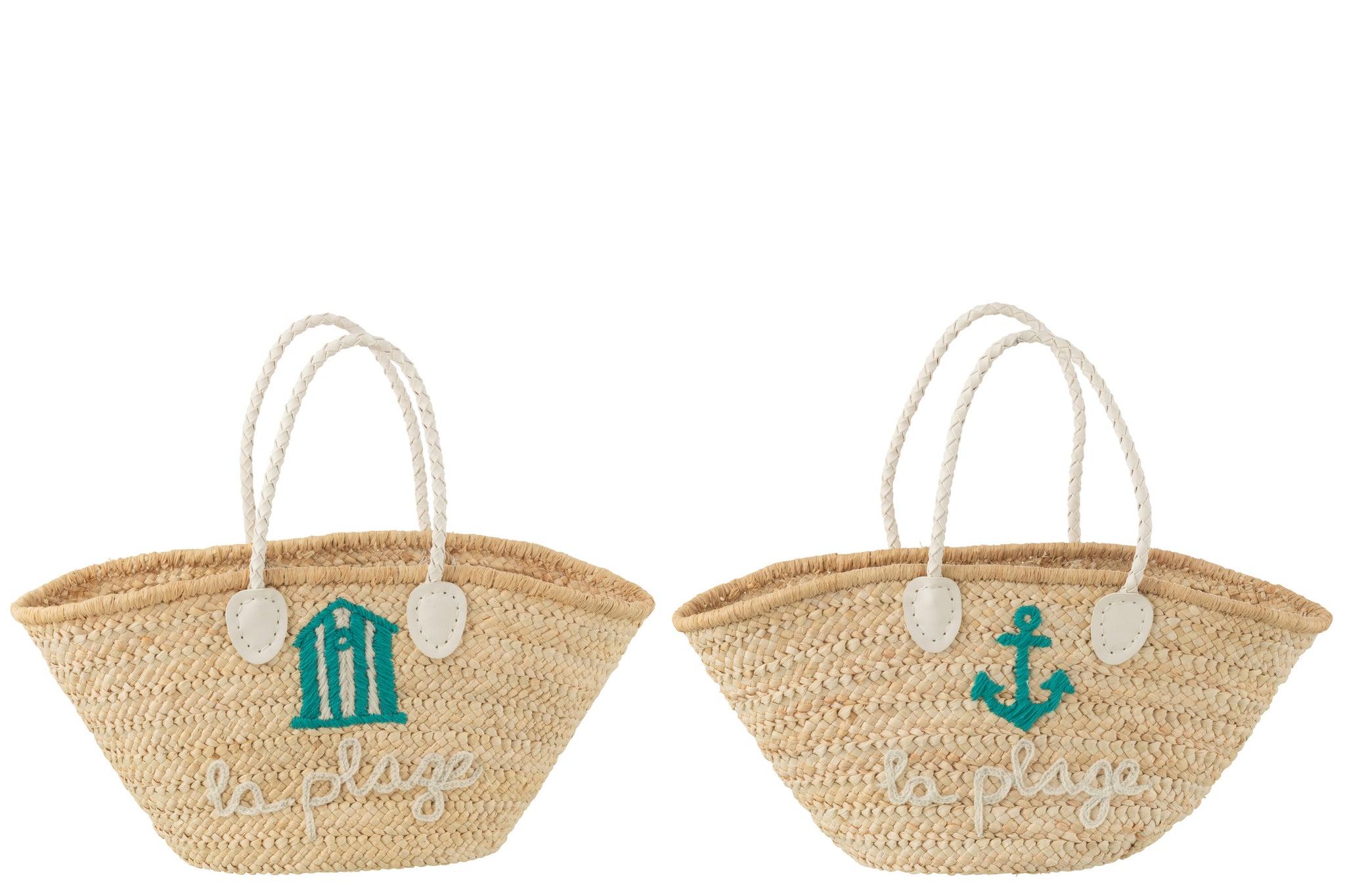 Strandtas La Plage Corn Husk Naturel/Wit/Azuurblauw Assortiment van 2