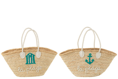 Strandtas La Plage Corn Husk Naturel/Wit/Azuurblauw Assortiment van 2