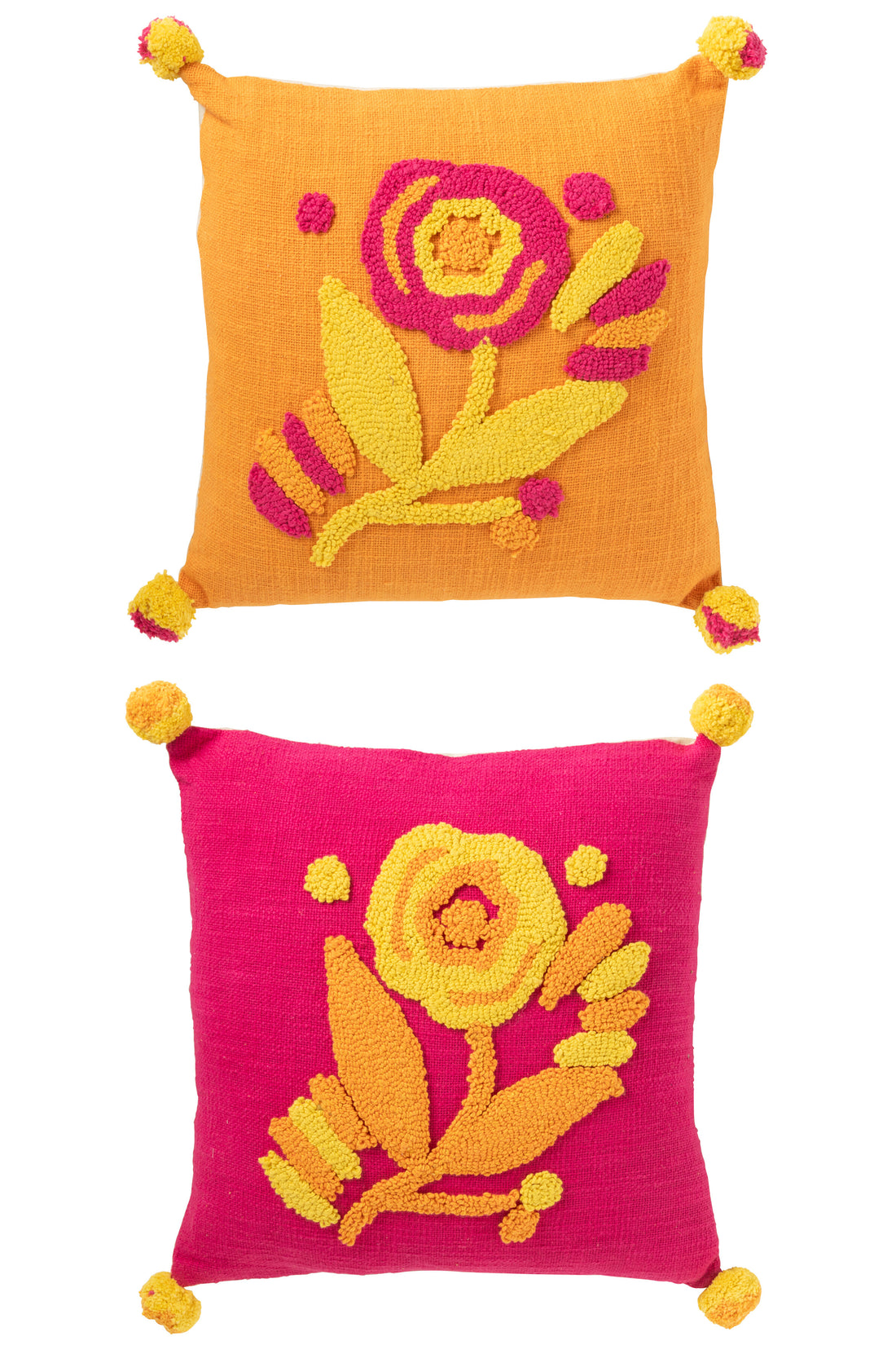 Kussen Vierkant Borduurwerk Bloem+Pompons Katoenmix Assortiment Van 2