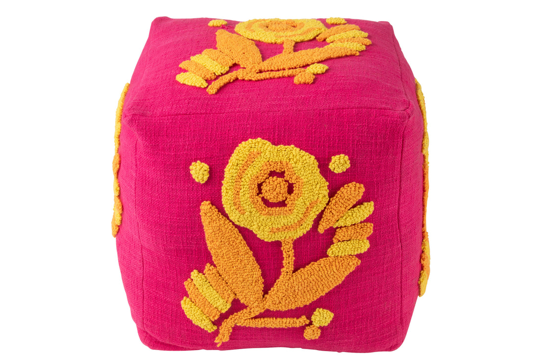 Poef Vierkant Bloem Katoen Roze/Oranje/Geel