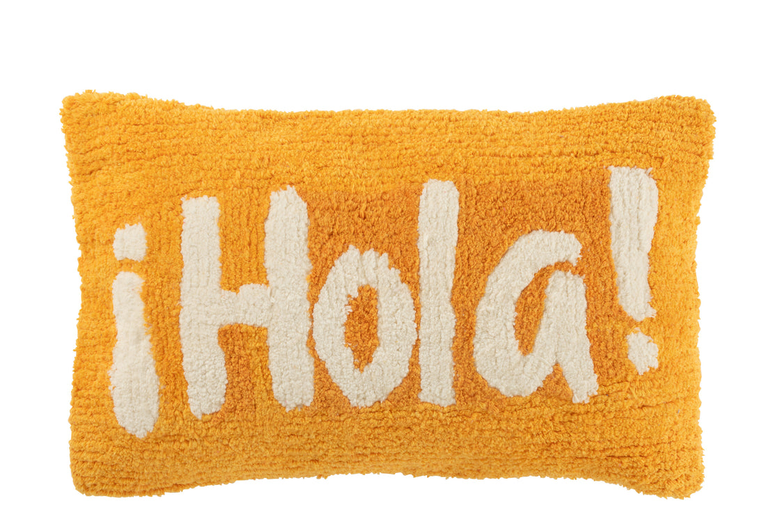 Kussen Hola met knoopjes van katoen in oranje/wit.