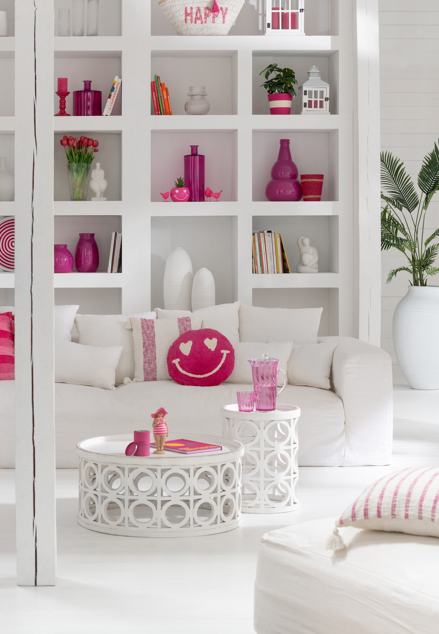 Kussen Smiley met knopen van katoen roze/wit