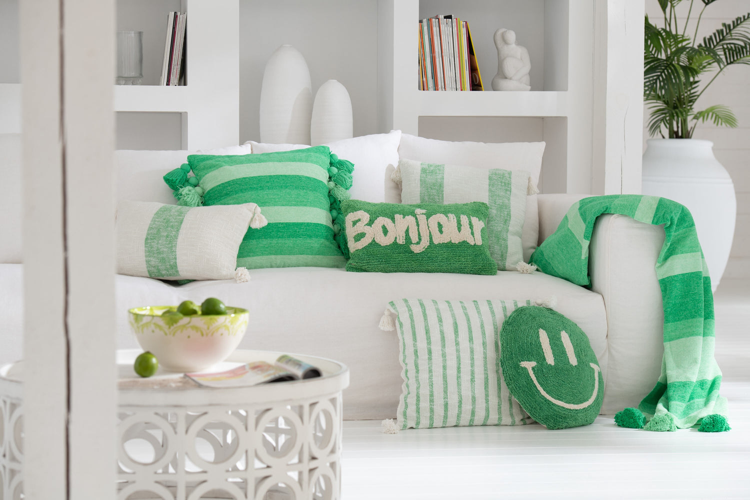 Kussen Smiley met knopen van katoen Groen/Wit
