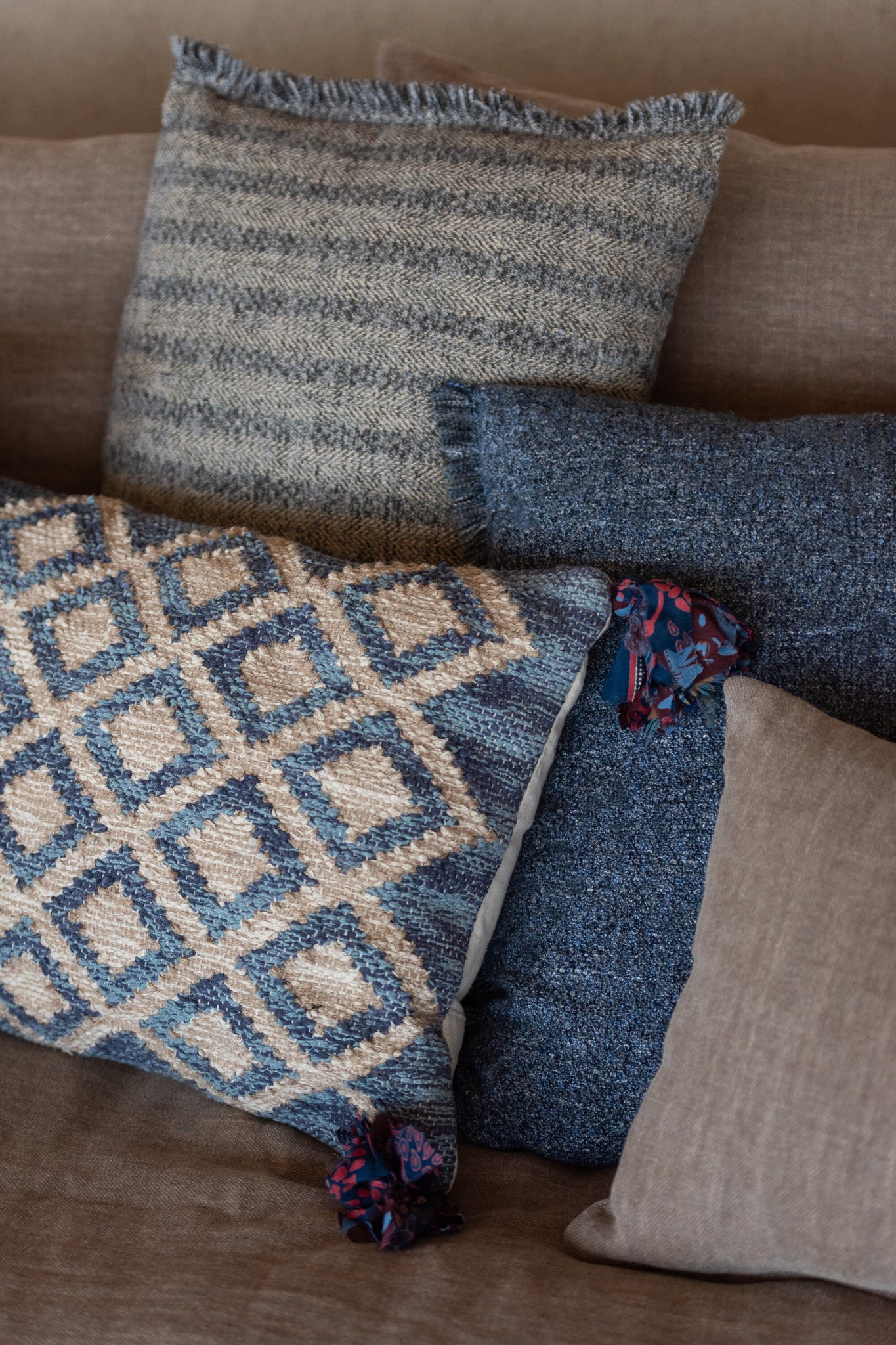 Kussen Vierkant Ruitpatroon Jute/Katoen Natuur/Blauw