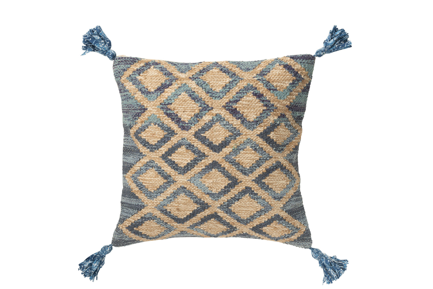 Kussen Vierkant Ruitpatroon Jute/Katoen Natuur/Blauw