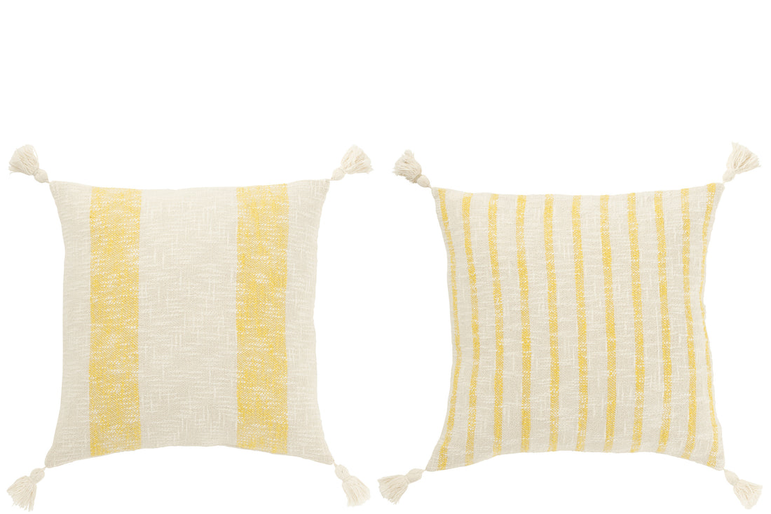 Kussen Vierkant Strepen+Kwastjes Katoen Wit/Geel Assortiment Van 2