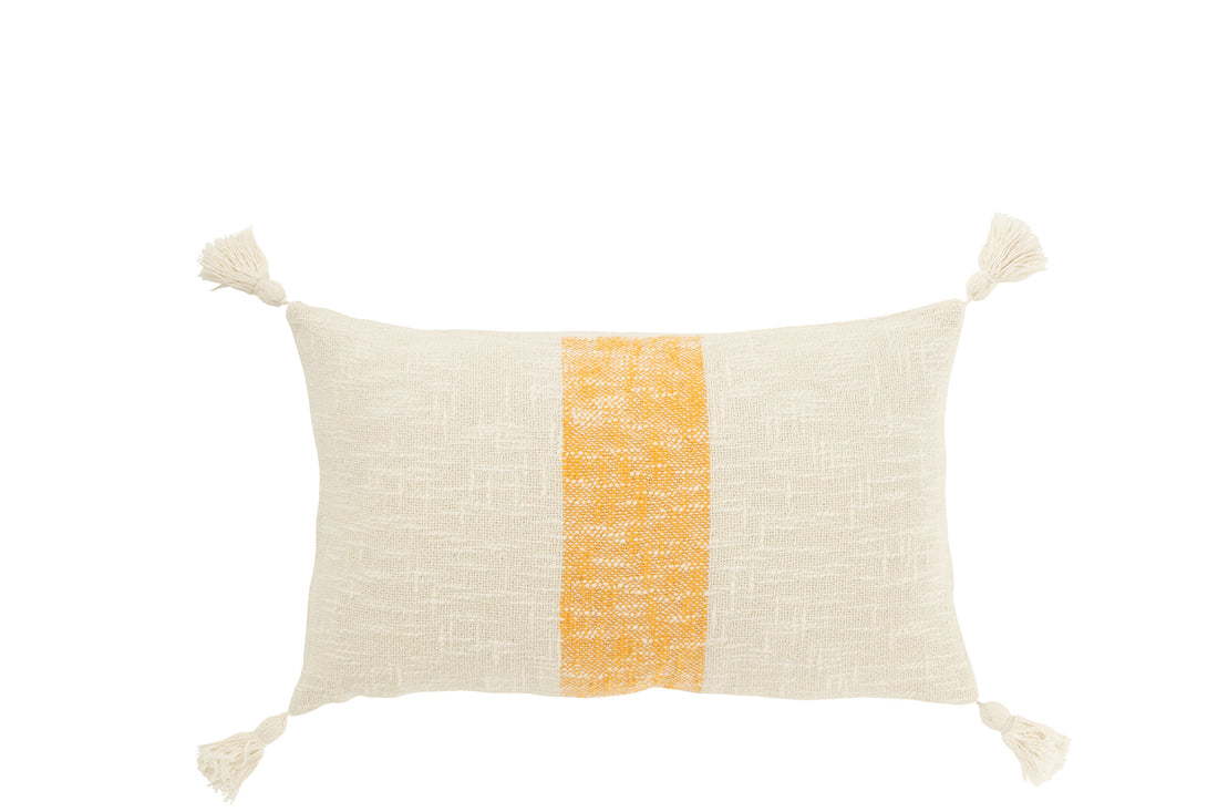 Kussen Rechthoek Strepen+Kwastjes Katoen Wit/Oranje