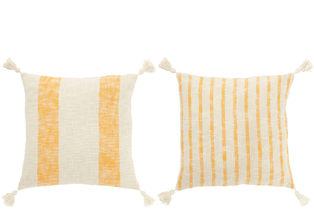 Kussen Vierkant Strepen+Kwastjes Katoen Wit/Oranje Assortiment Van 2