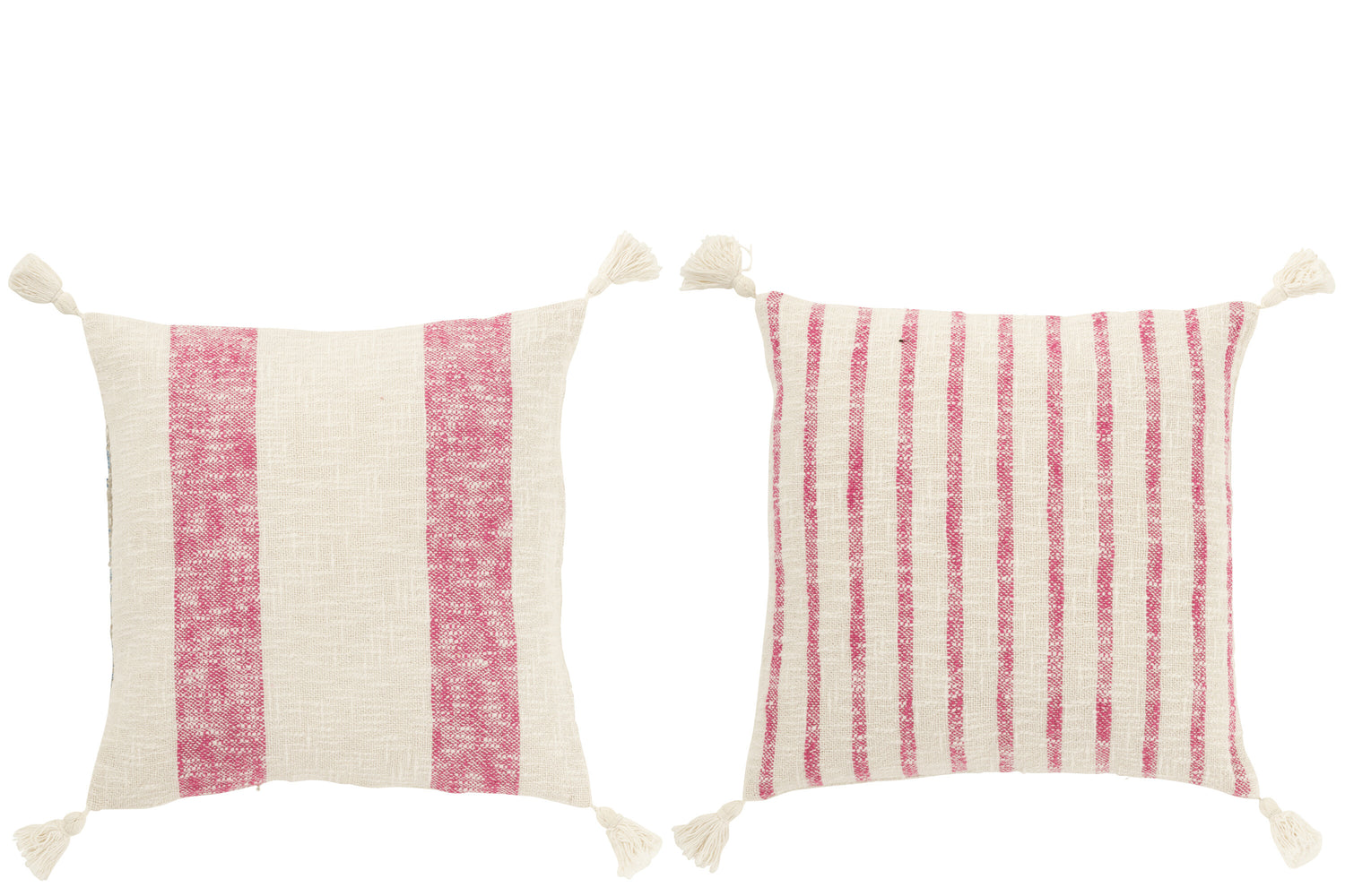 Kussen Vierkant Strepen+Kwastjes Katoen Wit/Roze Assortiment Van 2