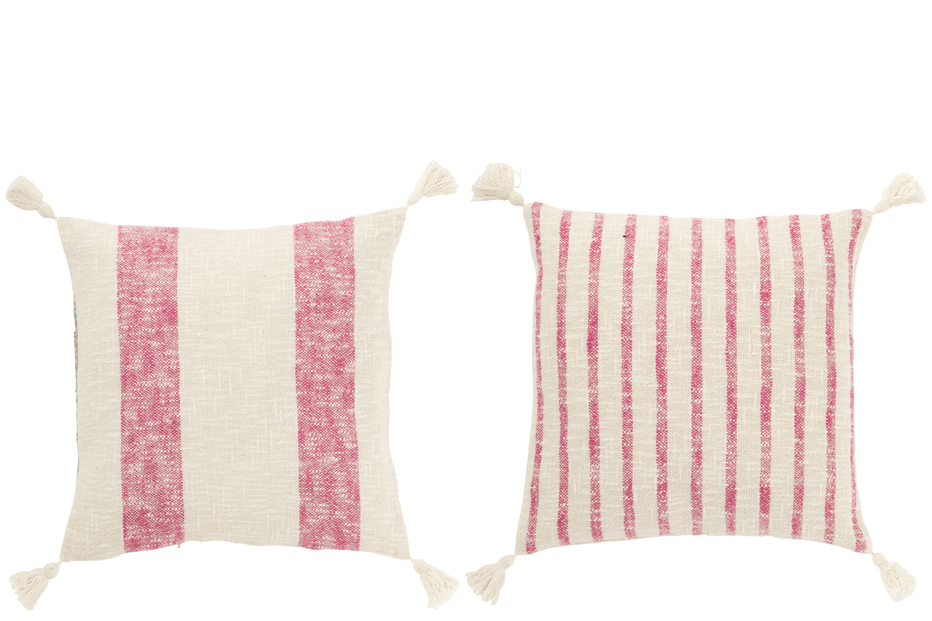 Kussen Vierkant Strepen+Kwastjes Katoen Wit/Roze Assortiment Van 2