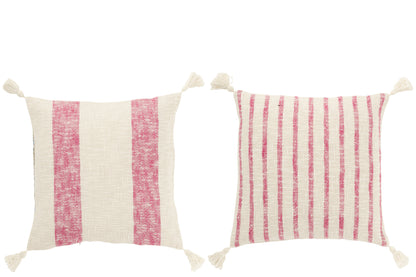 Kussen Vierkant Strepen+Kwastjes Katoen Wit/Roze Assortiment Van 2