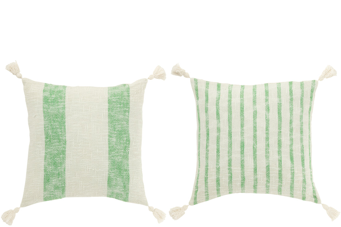 Kussen Vierkant Strepen+Kwastjes Katoen Wit/Groen Assortiment Van 2