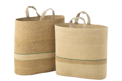 Set van 2 manden gestreept + handvat natuur/groen