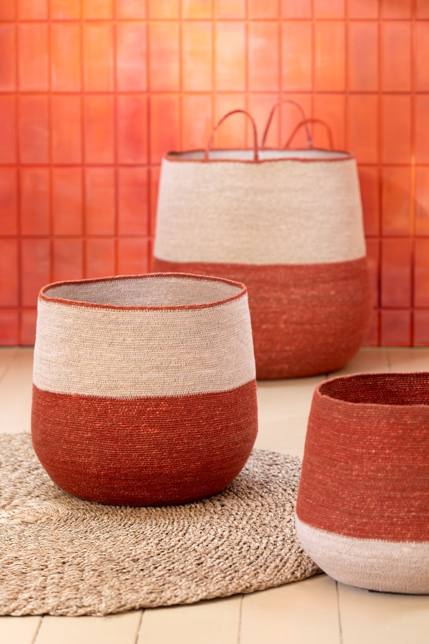 Set van 3 manden Zeegras Natuur/Terracotta