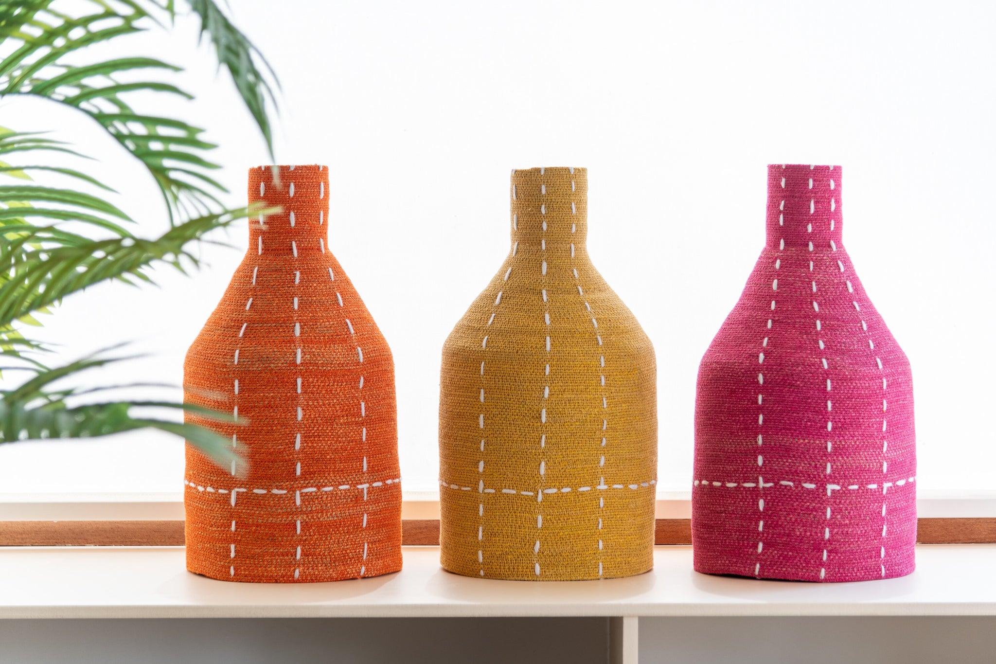 Vaas Fles Stippel Strepen Zeegras Roze/Oranje/Geel Assortiment Van 3