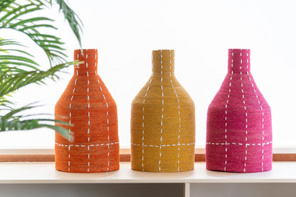 Vaas Fles Stippel Strepen Zeegras Roze/Oranje/Geel Assortiment Van 3