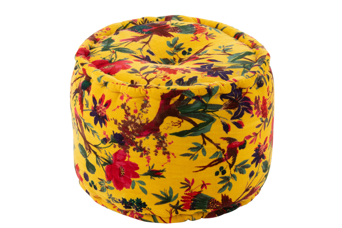 Pouf Ronde Vogels/Bloemen Katoenen Fluweel Geel
