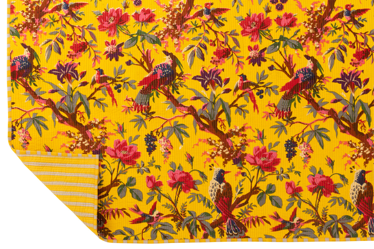Geruite Vogels/Bloemen Katoenen Fluweel Geel