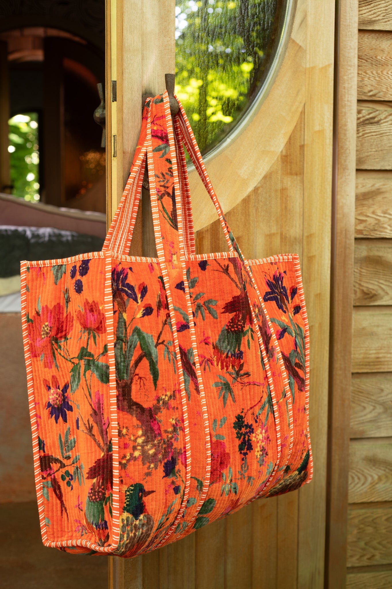 Shoppertas Vogels/Bloemen Katoenen Fluweel Oranje