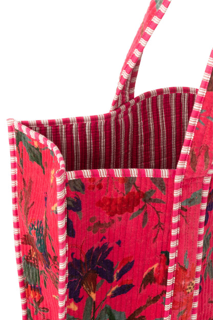 Shoppertas Vogels/Bloemen Katoenen Fluweel Roze