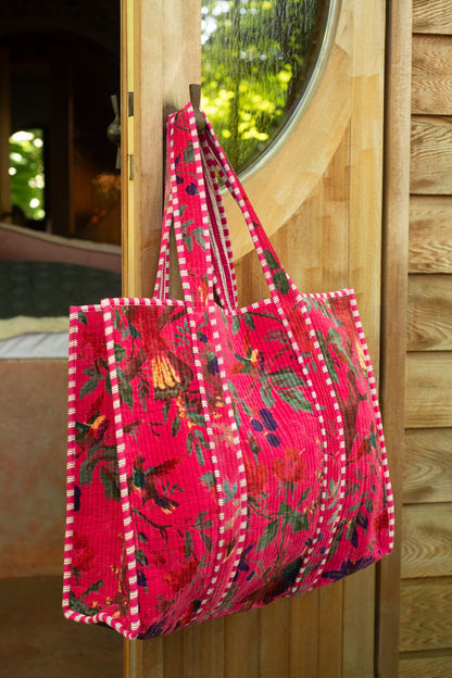 Shoppertas Vogels/Bloemen Katoenen Fluweel Roze
