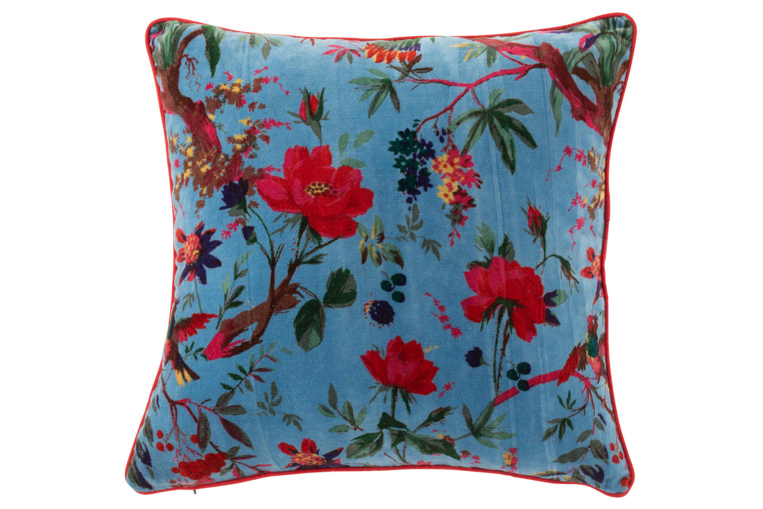 Kussen Vogels/Bloemen Katoenfluweel Blauw