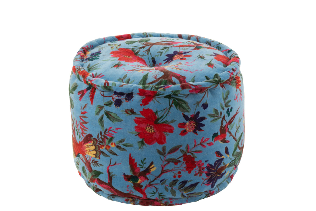 Pouf Ronde Vogels/Bloemen Katoenfluweel Blauw