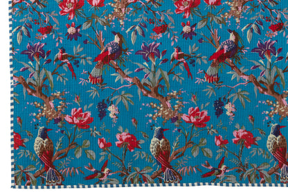Geruite Vogels/Bloemen Katoenen Fluweel Blauw