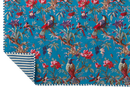 Geruite Vogels/Bloemen Katoenen Fluweel Blauw