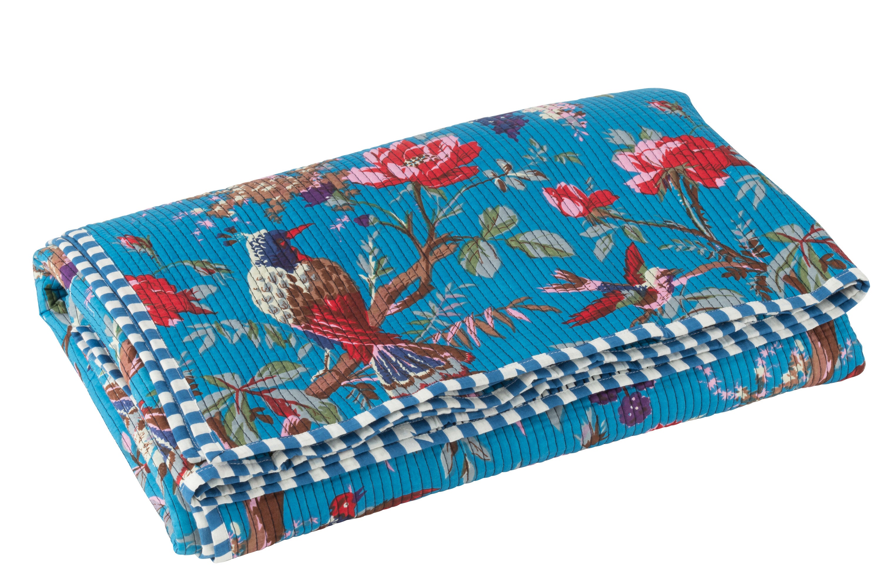 Geruite Vogels/Bloemen Katoenen Fluweel Blauw
