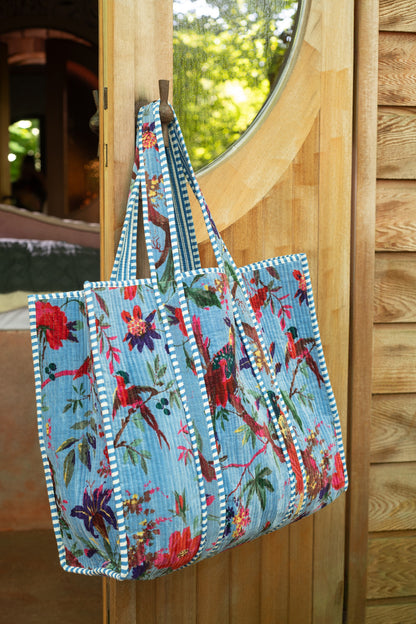 Shoppertas Vogels/Bloemen Katoenen Fluweel Blauw
